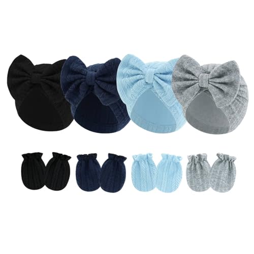 4 Pcs Newborn Hats Mittens Set Infant Cap Bow Hospital Beanie Preemie Hat for Baby Boy Girl 0-6