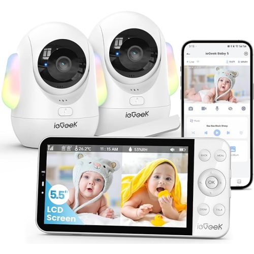ieGeek 5.5’’ Split-Screen Baby Monitor,2.5K UHD Baby Monitor with 2 Cameras and Audio,Night Light,Prone Sleeping&Cry Detection,Two-Way Talk,Night Vision,2.4G&5Ghz WiFi App Control,4000mAh Battery