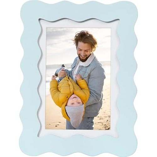 5x7 Cute Picture Frame, Wavy Curved Photo Frame with 4x6 Mat and Real Glass, Unique Funky Frame for Table and Wall Display, Home Office Desk Decoration Art, Baby Boy Gift (5x7, Light Blue)