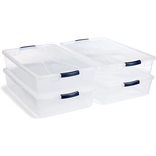 Rubbermaid Cleverstore 42 Quart Stackable Plastic Storage Container Organizer Bin with Latching Lids for Garage, Closet, and Classroom, Clear, 4 Pack