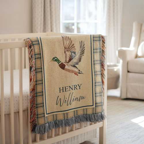 Personalized Mallard Duck Woven Throw Blanket with Name | Custom Hunting Nursery Decor | Newborn Boy Baby Shower Gift | Heirloom Blanket