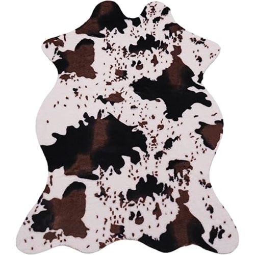 Cow Print Rug, Faux Fur Cowhide Area Rug for Living Room, Plush Nursery Bedroom Decor, Modern Western Farmhouse Style, Non-Slip, 2'6"x3'7" (75x110cm)