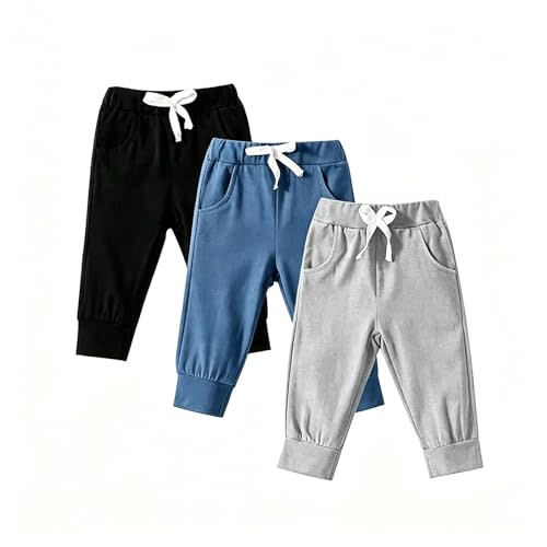 Pivanzore Toddler Baby Boys Girls Sweatpants 3 Pack Solid Color Elastic Waist Bottom Pants Newborn Infant Trousers