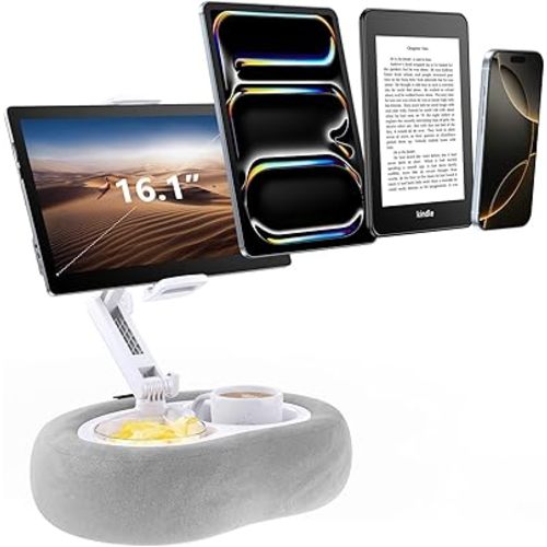 Tablet & E-Reader Stand with Soft Plush Pillow and 2 Detachable Trays, Adjustable Tablet Holder for Bed or Lap Compatible with Kindle Kobo iPad iPhone Portable Monitors & 4.7-16.1" Devices (Gray)