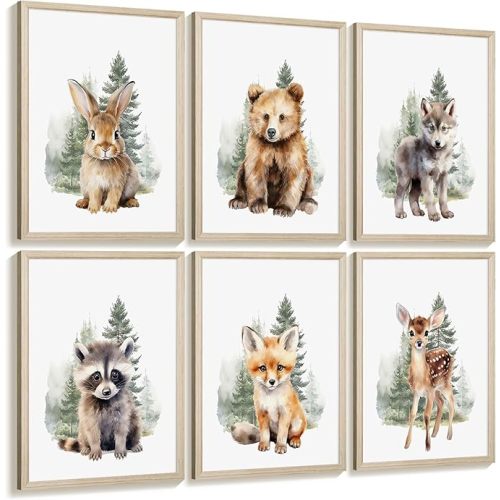 Woodland Animal Nursery Wall Art Decor Set of 6 Baby Boys Room Wall Art Forest Animal Canvas Wall Decor Kids Art Prints Watercolor Bear Deer Fox Pictures Artwork for Bedroom 8x10 Inch Framed