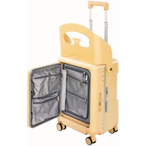 20" Ride-On Luggage with Child Seat, Hardside Carry-On Suitcase with Front Access Shockproof Silent Spinner Wheels, TSA Lock, Charging Port for Kids & Adults & Busy Moms