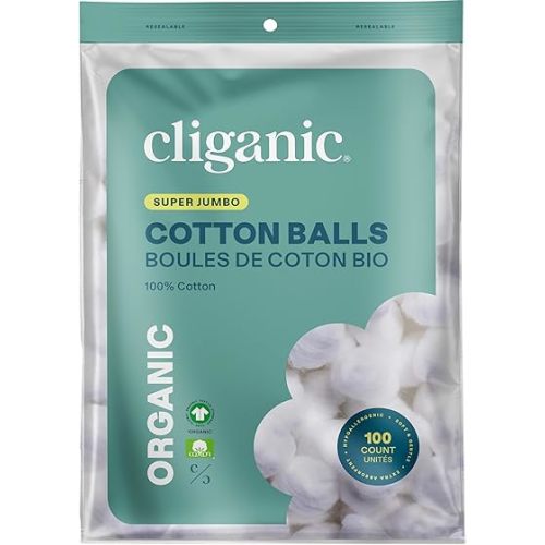 Cliganic Organic Super Jumbo Cotton Balls (100 Count) - Hypoallergenic, Absorbent, Large Size, 100% Pure (Packaging May Vary)