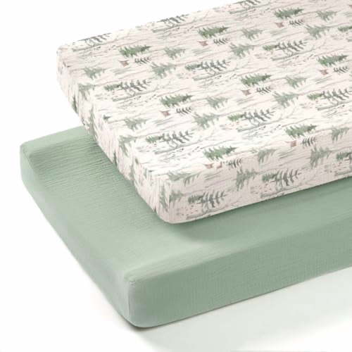 Muslin Changing Pad Cover: 2-Pack Soft Breathable Cotton Boho Forest Print for Baby Boys - Nursery & Baby Shower