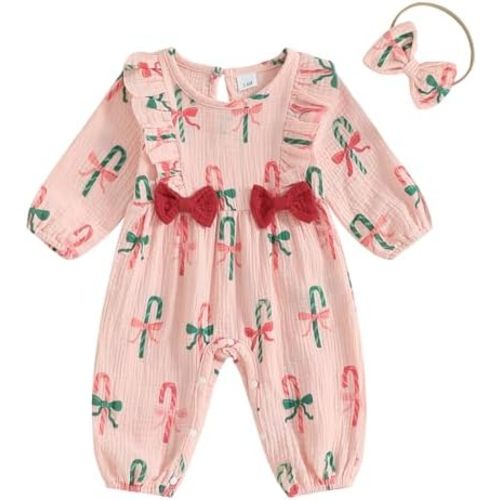 Newborn Baby Girl Halloween Outfit Cotton Linen Pumpkin Jumpsuit Romper Ruffle Sleeve Bodysuit Long Overalls with Bow