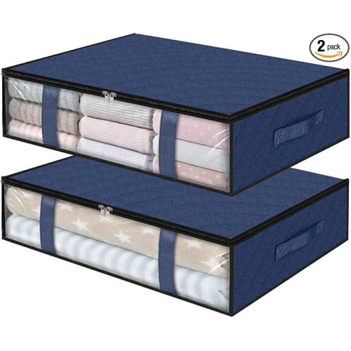 StorageRight Under Bed Storage Bins, 2-Pack 40L Foldable Fabric Storage Bags with Transparent Window, Breathable Organizer for Clothes/Blanket/Comforter/Quilt, Blue