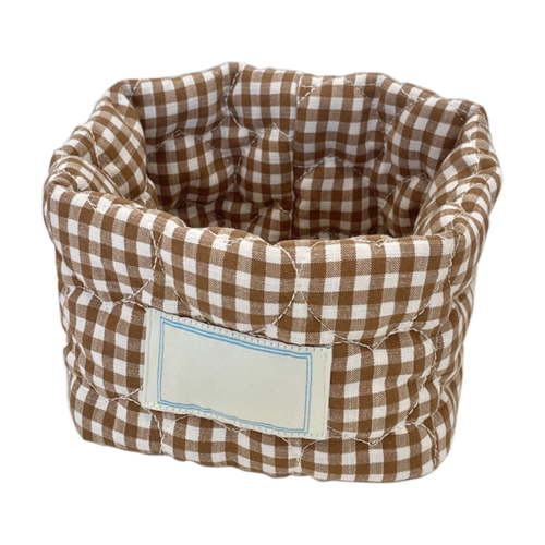 Brown Checkered Fabric Storage Basket With Cloth Material, Soft And Foldable Design For Cosmetic Organizer, Desk Storage, Bedroom And Bathroom Use