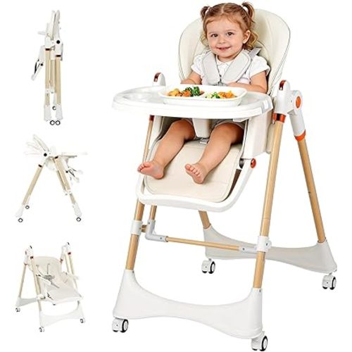 3-in-1 Baby High Chair with Soothing Rocker | Convertible Baby High Chair for Babies and Toddlers | Brake Wheels, Easy Clean, Space Saving | Adjustable, Removable Tray (White)