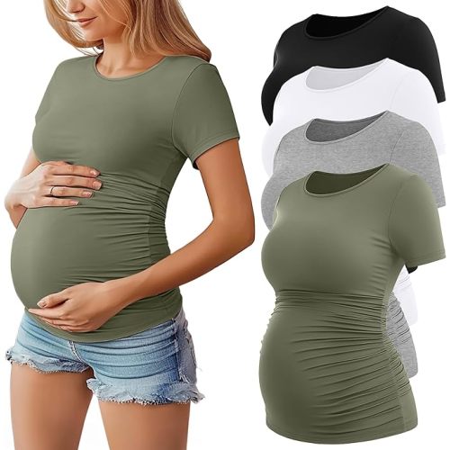 Huukeay 4 Pack Women's Maternity Shirts, Crew Neck Maternity Top Short Sleeve Casual Cotton Tee Side Ruched Pregnancy Clothes