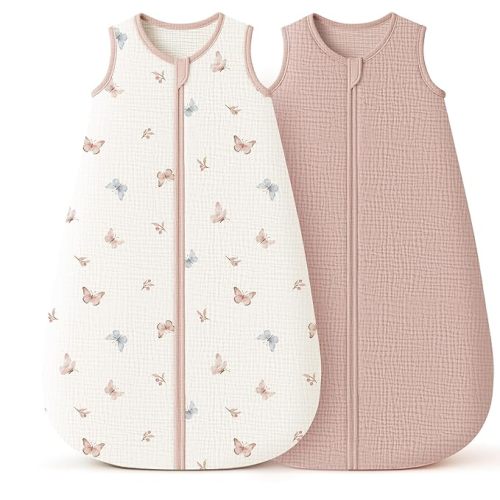 Konssy Muslin Baby Sleep Sack 6-12 Months 0.8 TOG, 2 Pack 100% Cotton Wearable Blanket for Babies, 2-Way Zipper Breathable Sleeping Sack Infant Toddler Essentials for Girls and Boys(Butterfly,Taupe)