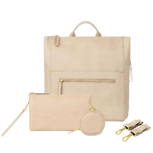 FAWN DESIGN Diaper Bag Bundle, Square Faux Leather Diaper Bag Backpack with Changing Diaper Clutch, Pacifier Holder Case and Stroller Hooks, Vegan Leather Baby Bag for Mom, 15 x 12 x 8 inches, Beige