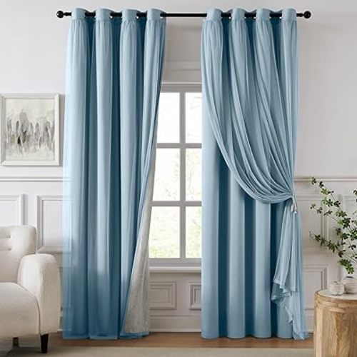100% Blackout Curtains for Bedroom, Double Layer Blue Curtains, Black Out Curtain 96 inch Long with Sheer Overlay for Living Room, Room Darkening Window Drapes with Grommet, 52" W x 96" L