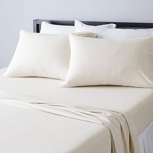 Amazon Basics 4 Piece Breathable 100% Cotton Jersey Knit Sheet Set, Stretchy Lightweight, Includes Flat and Fitted Sheets, Pillowcase, Full, Oatmeal