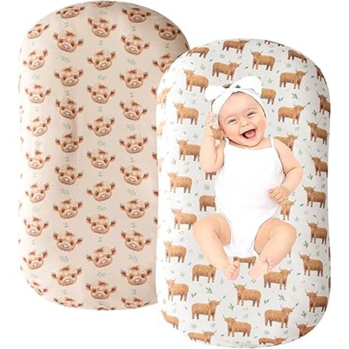 Little Jump 2 Pack Baby Lounger Cover, Stretchy and Soft Newborn Lounger Cover, Infant Lounger Slipcover for Boys Girls, Covers Only Western Highland Cows (Neutal Highland Cows)
