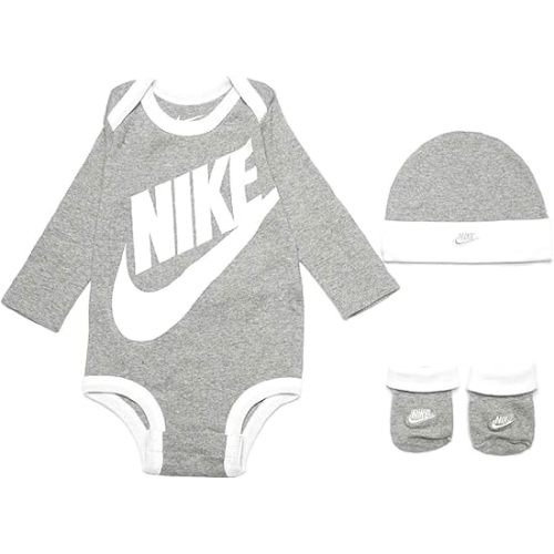 Nike Baby Long Sleeve Bodysuit, Hat and Booties 3 Piece Set (Dark Grey Heather(LN0134-042), 0-6 Months)