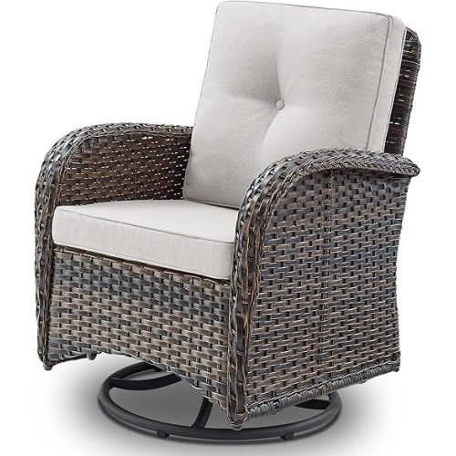 Patio Furniture Swivel Glider PE Wicker Chairs, Outdoor Swivel Rocker Seating with Cushions for Porch Deck Balcony, Brown/Beige