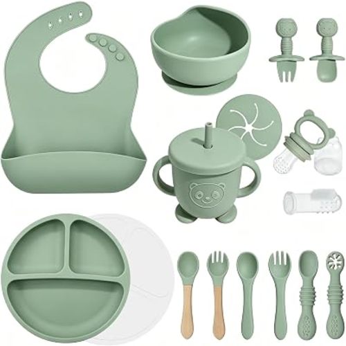 Silicone Baby Feeding Set 17 Pcs, Baby Led Weaning Supplies with Suction Plates & Bowls, Bib, Baby Utensils Spoons Forks, Sippy Cup, Fruit Feeder, Finger Brush, BPA-Free Eating Essentials (Green)
