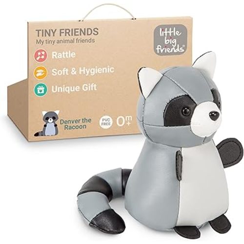 Little Big Friends Tiny Friends | Soft Baby Rattle Toy | Special Stuffed Animal | Easy to Clean | Ideal for Strollers, Car Seats, Diaper Bags | Denver The Raccoon