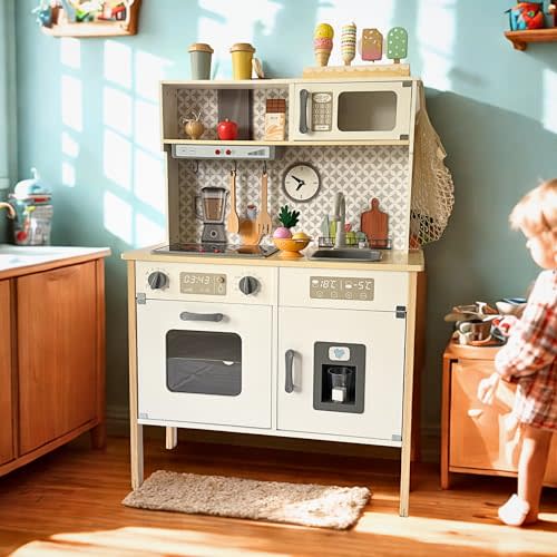 Wooden Play Kitchen for Kids with Working Sink & Faucet Toy – Montessori Sensory Pretend Playset for Toddlers 3-5 – Interactive Kids Kitchen Playset with Lights & Sounds