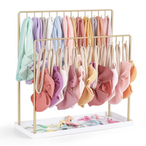 Mkono Headband Holder 2 Tier Hair Bow Organizer Metal Hair Accessories Organizer Modern Hair Ties Display Stand Rack Hanger for Girls Home Room Nursery Decor,Gold