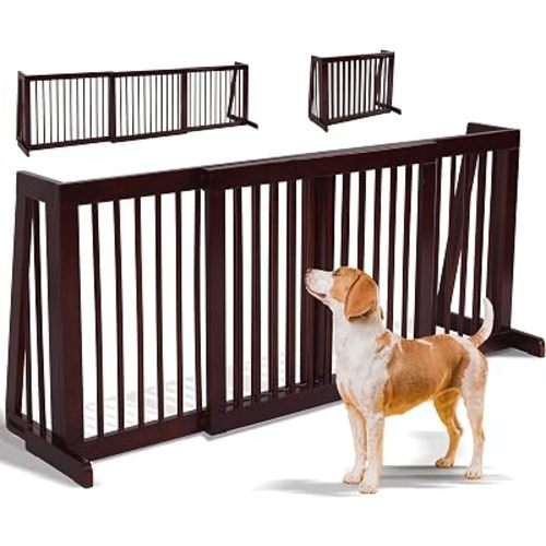 Freestanding Dog Gate, 28-81 Inch Folding Expandable Indoor Puppy Fence w/Widening Feet, Extra Wide Pet Gates, Wood Barrier, Step Over Dog Door for The House, Doorways, Stairs