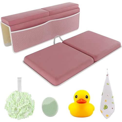 Sleepah Bath Kneeler and Elbow Kneeling Rest Pad Set for Baby Bathing – Waterproof Soft Memory Foam Mat Organizer Babies & Toddler Bathing Time Toys Sponge (Pink)
