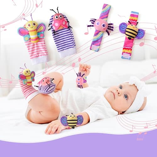 Baby Wrist Rattles and Foot Finder Socks Set, Soft Sensory Toys with Animal Characters, 4 Piece, for Newborns and Infants (Purple Pink Insect Socks)