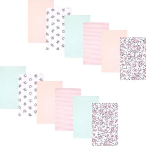 Hudson Baby Infant Girls Cotton Flannel Burp Cloths 12-Pack Bundle, Pink Mint Floral, One Size