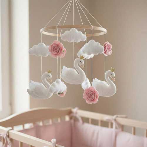 Swan Baby Mobile, Princess Nursery Decor, Felt Flower Crib Mobile, Cloud Hanging Ornament, Blush Pink Girl Room, Baby Shower Gift