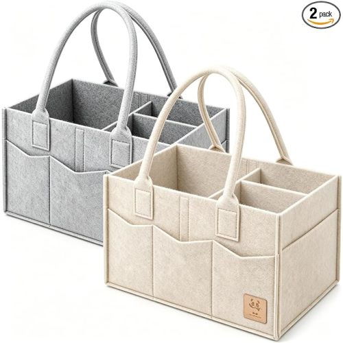 HIPHOP PANDA 2-Pack Diaper Caddy Organizer - Newborn Essentials Baby Registry Must Haves - Sturdy Nursery Storage Bin & Portable Car Caddy for Diapers & Wipes - Grey/Oatmeal Gift Set
