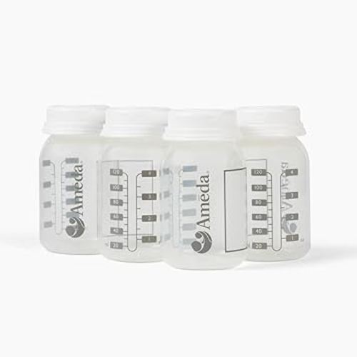 Ameda Breastmilk Storage Bottles with Lock-Tight Cap | 4.4 Ounce Breast Milk Storage Containers for Fridge (4 Count) | Breastmilk Storage Bag Alternative | Breastfeeding Supplies