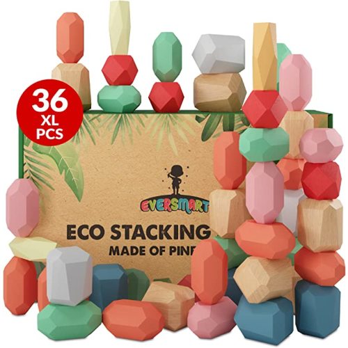 36 Pcs Wooden Stacking Blocks – Montessori Toys for 1 2 3 4 5 6 Year Old Toddlers and Kids, XL Rocks, No Choking Hazard – Sensory STEM Building Stones, for Girls and Boys