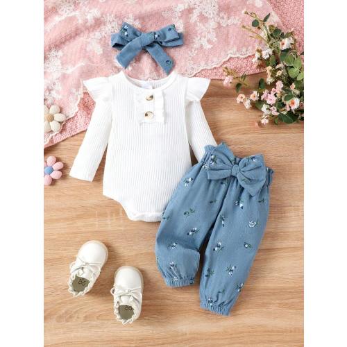 2pcs Baby Girls Casual White Long Sleeve Bodysuit + Blue Long Pants Set, Autumn/Winter Outdoor | SHEIN USA
