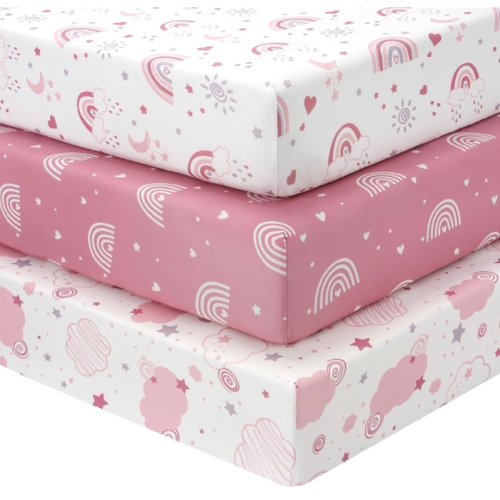 Baby Mini Crib Sheets Girl, Portable 38”x26” Pack and Play Sheets Fitted for Playard and Pack N Play Mattress, 3-Pack Soft Microfiber Pink Rainbow