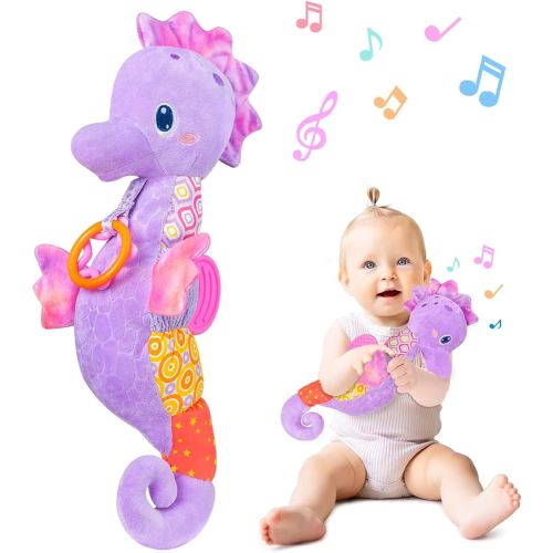 Fuzqq Baby Girl Toys 0-6 Months,Musical Stuffed Animal Plush Toy with Rattle,Soft Newborn Toy for 0 3 6 9 12 Months Girls,Baby Girl Gift,Purple