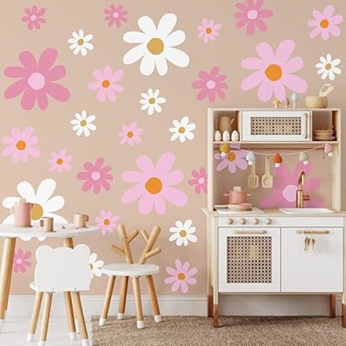 TaoBary 12 Sheets Daisy Wall Decal Flower Wall Sticker Cute Daisy Sticker Pink White Flower Decal Peel and Stick Floral Wallpaper for Nursery Bedroom Home Decor(Pink Color,Vibrant Style)