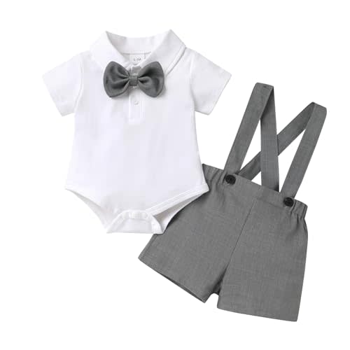 Happy Town Baby Boy Clothes Suits Infant Gentleman Wedding Outfit Dress Shirt Bowtie and Suspenders Shorts Set