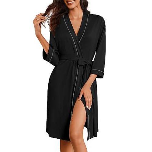Ekouaer Women Kimono Robe Knee Length Knit Bathrobe Lightweight 3/4 Sleeve Loungewear Soft