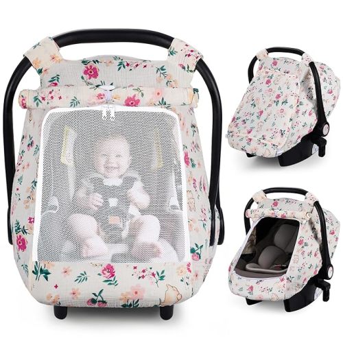 Rquite Car Seat Cover Baby, Carseat Covers Girl Boy, Breathable Muslin Cotton, Large Mesh Window, Infant Car Seat Canopy Baby Carrier Cover Stroller Sun Shade for Summer & Hot Day
