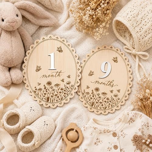 Baby Monthly Milestone Signs, Baby Monthly Milestone Girls, Wooden Double-Sided 1-12 Months Baby Signs with Changeable Numbers, Newborn Photography Props, Nursery Decor for Girls (QR7)