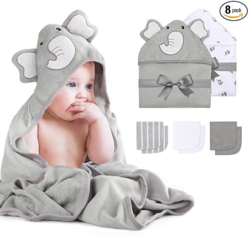 Momcozy Cute Elephant Hooded Baby Towel- 8 Piece Bath Essential, 2 x Towels and 6 x Wash Cloth Set- Perfect Shower Gift for Boys or Girls - Soft and Comfort for Newborn, Infant and Toddler