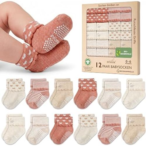GOTS Organic Cotton Blend 12 Infant Socks 0-6 M Boys Non Slip Shower Gift
