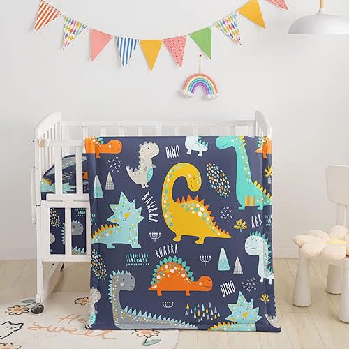 3-Piece Crib Bedding Set with Comforter, Sheet & Skirt, Watercolor Butterfly Printed Nursery Bedding for Baby Boys and Girls - Dinosaur Navy