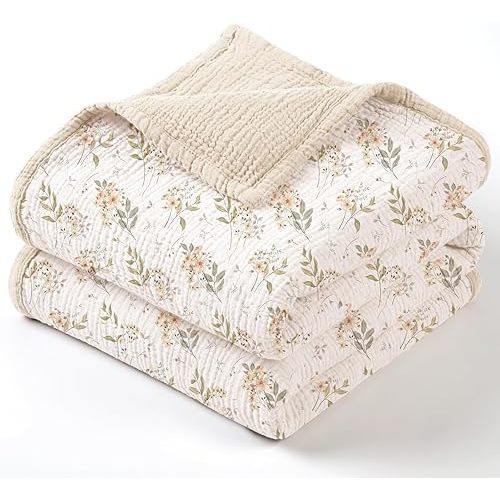 Lulumoon Muslin Baby Blanket - 47x47 Inches (Ivory Flower)