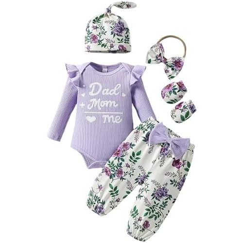 ChuYuKu Baby Girls Newborn Long Sleeve Romper Infant Winter Clothes Floral Pants Outfits with Headband & Mittens 0-6M