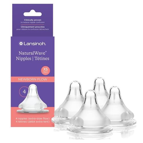 Lansinoh NaturalWave Baby Bottle Nipples, Slow Flow, Size S,1+ Month, 4 Count – 100% Soft, Durable Silicone, Made Without BPA BPS, Anti-Colic, Supports Baby’s Developing Mouth and Teeth